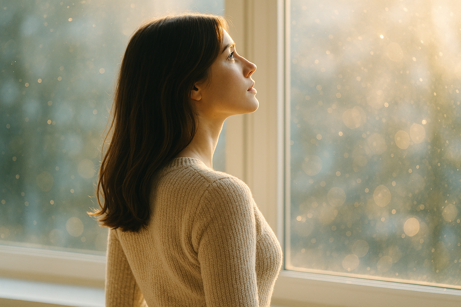 窓辺で光を見上げるニット姿の女性の横顔